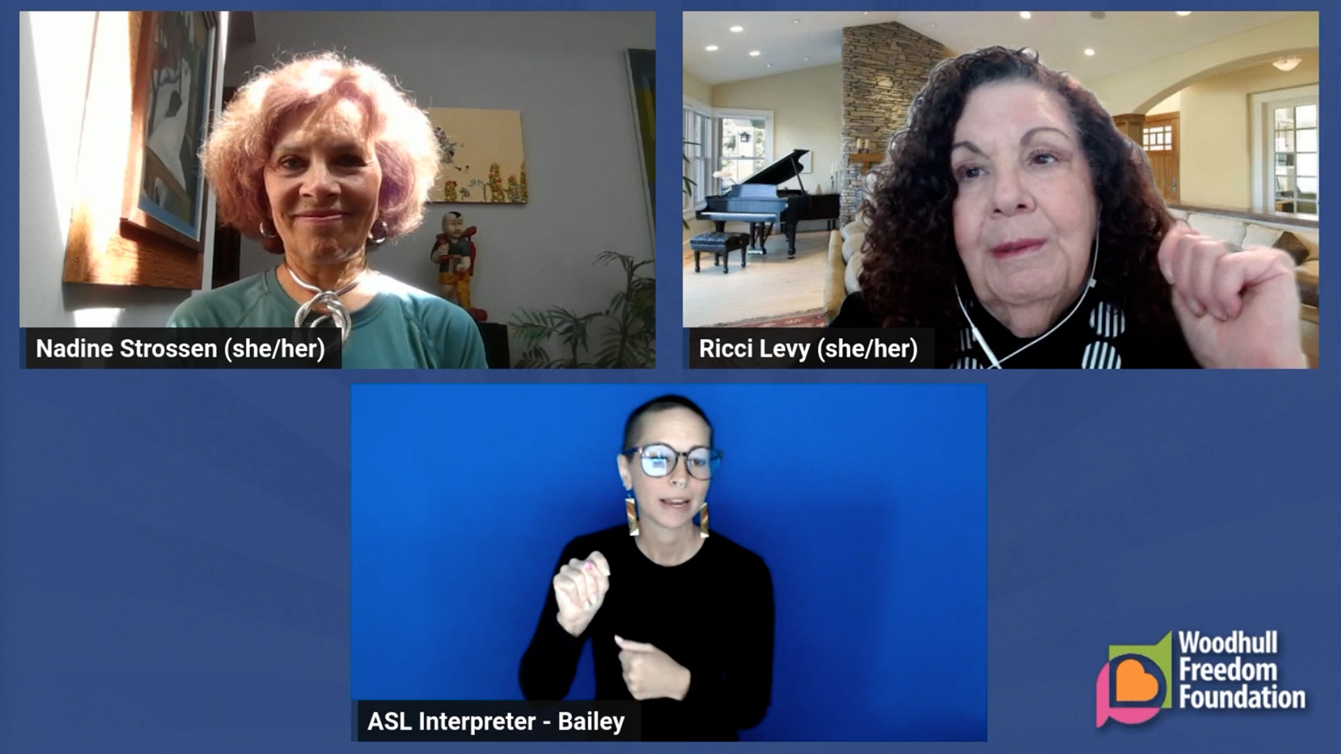 Screenshot from virtual program, "Unfiltered: Discussing Free Speech with Ricci Levy and Nadine Strossen"